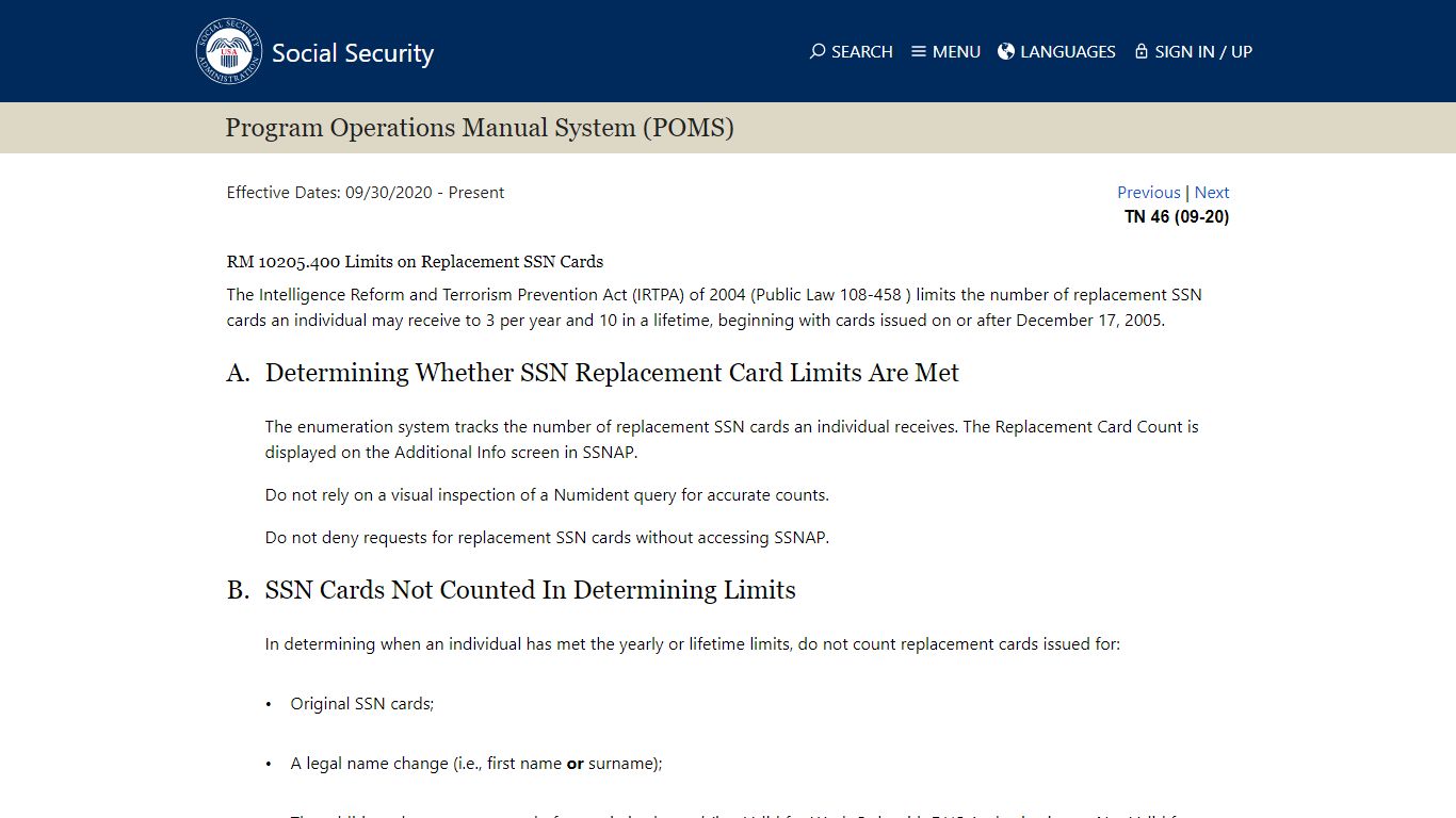 SSA - POMS: RM 10205.400 - Limits on Replacement SSN Cards - 09/30/2020